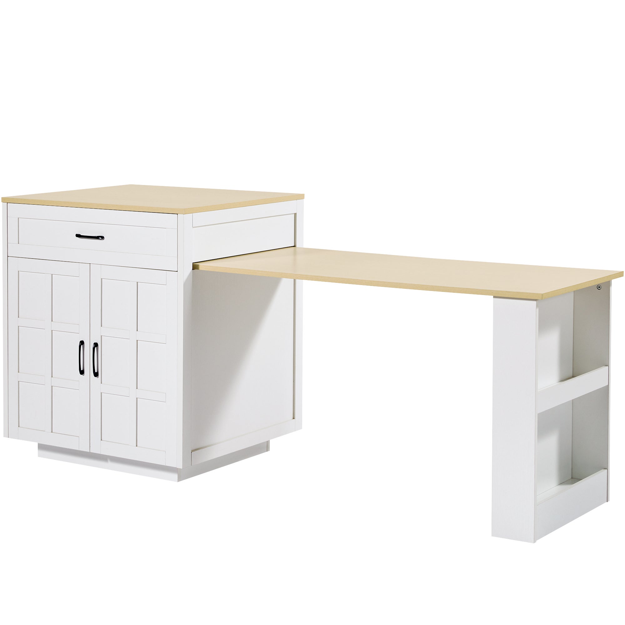 Ilot central de cuisine, table à manger 4 à 6 couverts - 2 tiroirs, 2 portes et étagères - 133/202 x 70 x 93.5 cm - MDF - Blanc - 6