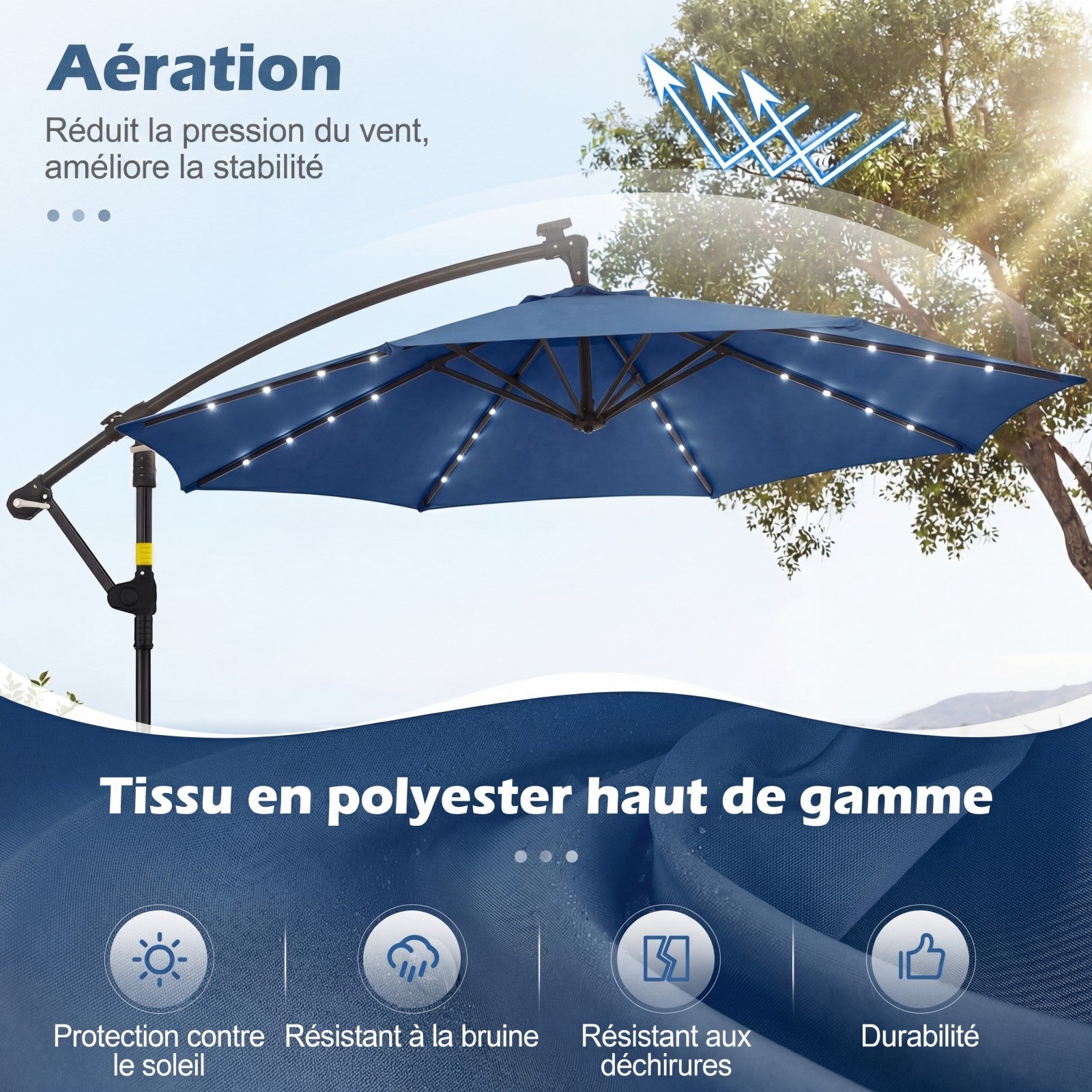 Parasol Déporté 3 x 3M, Parasol de Jardin Extérieur avec Lumière Solaire, Rotation 360°, 8 Baleines en Métal, Toit de Ventilation, 2 Sacs, Bleu - 4
