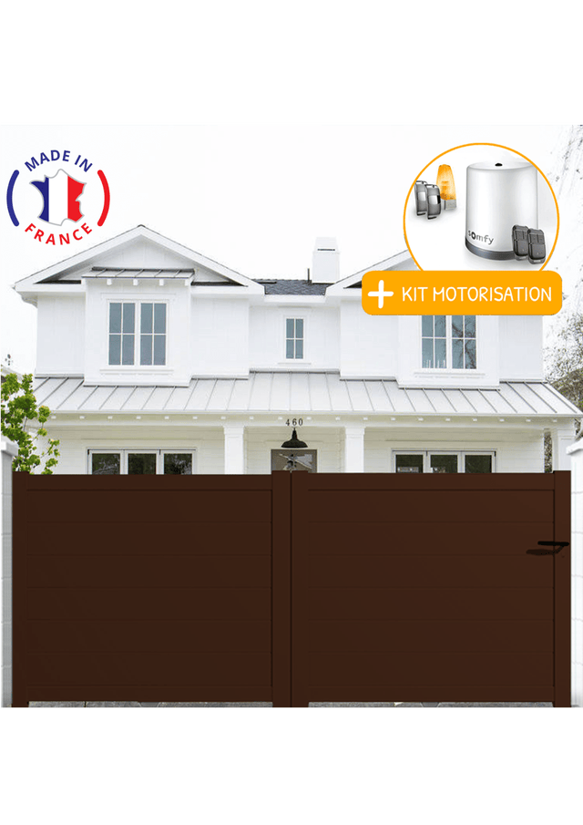 Portail aluminium coulissant plein en kit + Motorisation dimensions L.3500 (entre piliers) X H.1500 mm Couleurs Marron (RAL 1247)