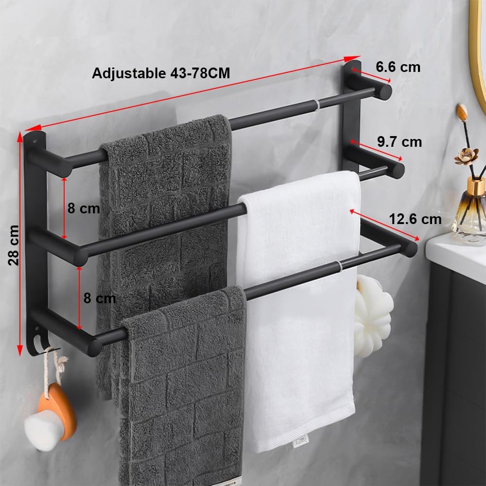 Porte-serviettes de salle de bain en acier inoxydable, rétractable 43-78 cm (noir, 3 niveaux) - 2