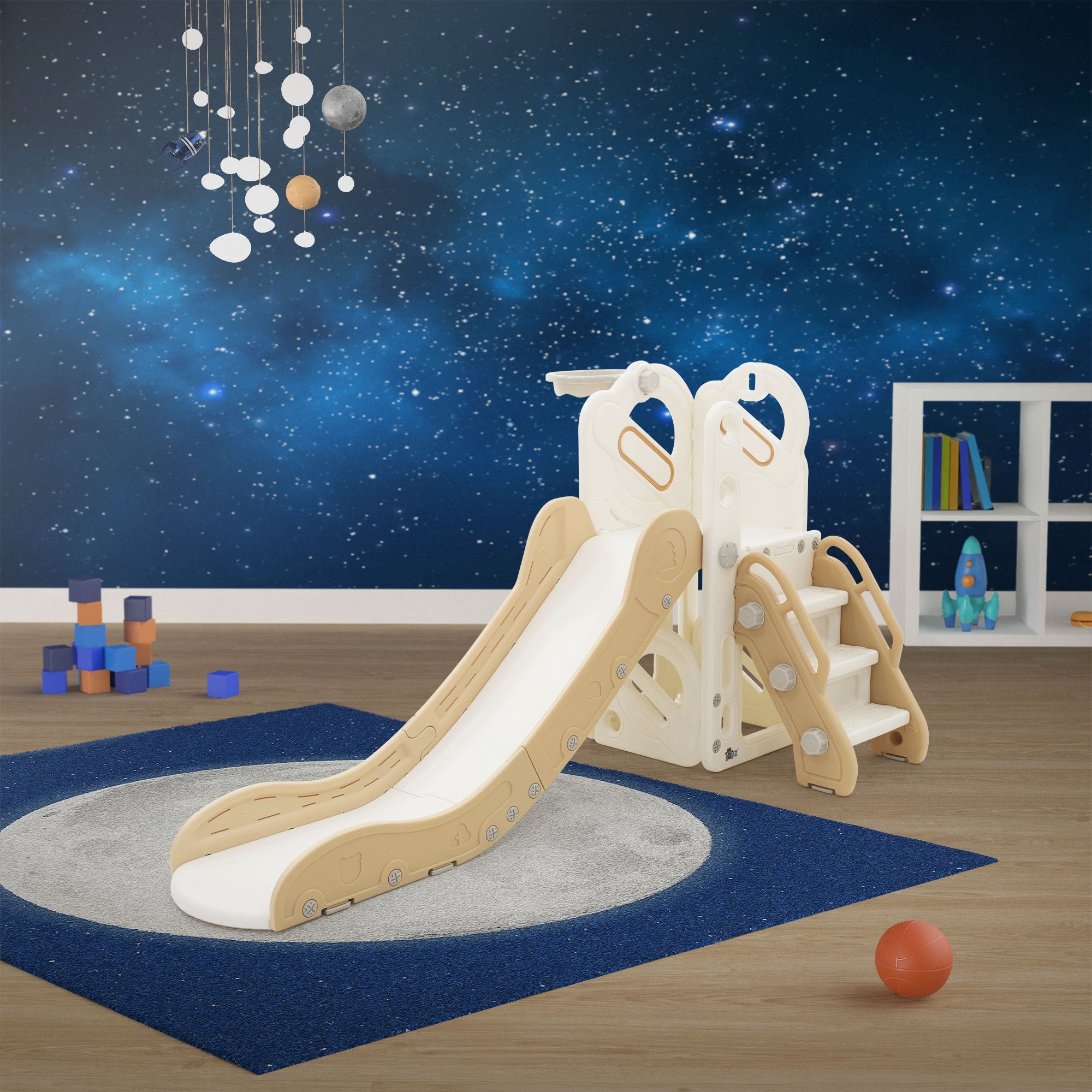 Toboggan pour enfants avec panier de basket-ball en plastique HDPE/PP blanc/beige/gris ballon et pompe à air inclus convient à partir de 3 ans - 8