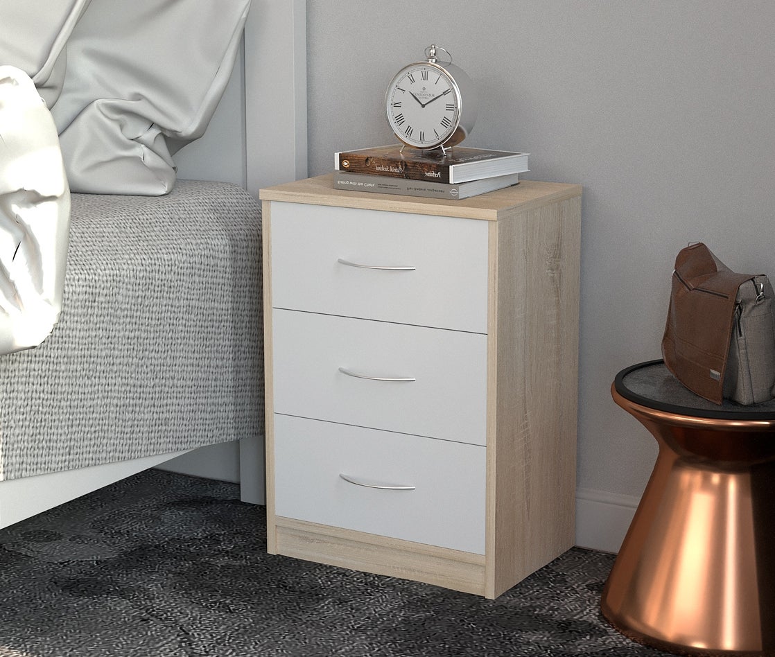 Mesita de noche habitación 3 cajones Roble / Blanco melamína 57x39x28 cm Dormidán - 3