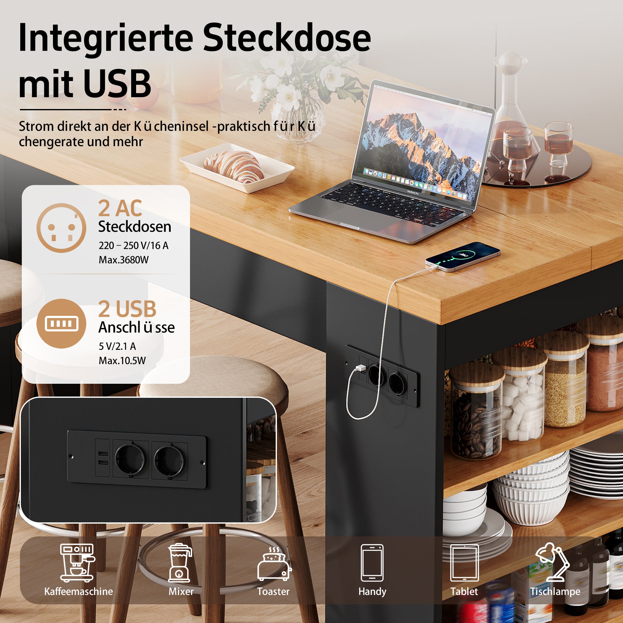 Îlot de cuisine 155x80x90 cm, table de bar avec LED, prises électriques et USB, 3 étagères, plan de travail 40 mm, MDF, noir - 9
