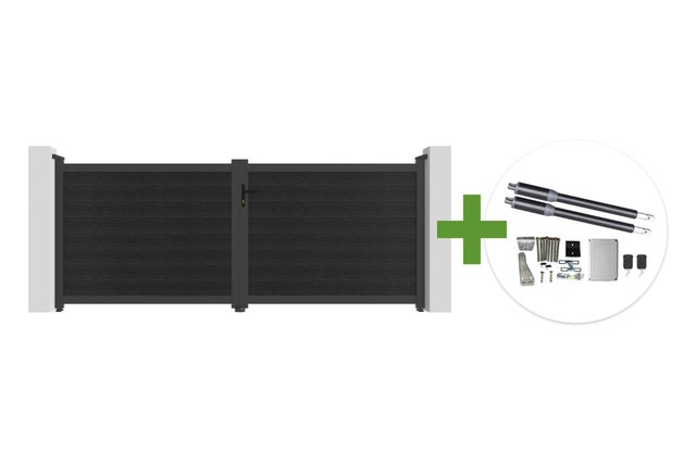Portail bois composite battant 3,5m ATHOS H.140cm gris anthracite avec cadre aluminium + motorisation RANGER B150