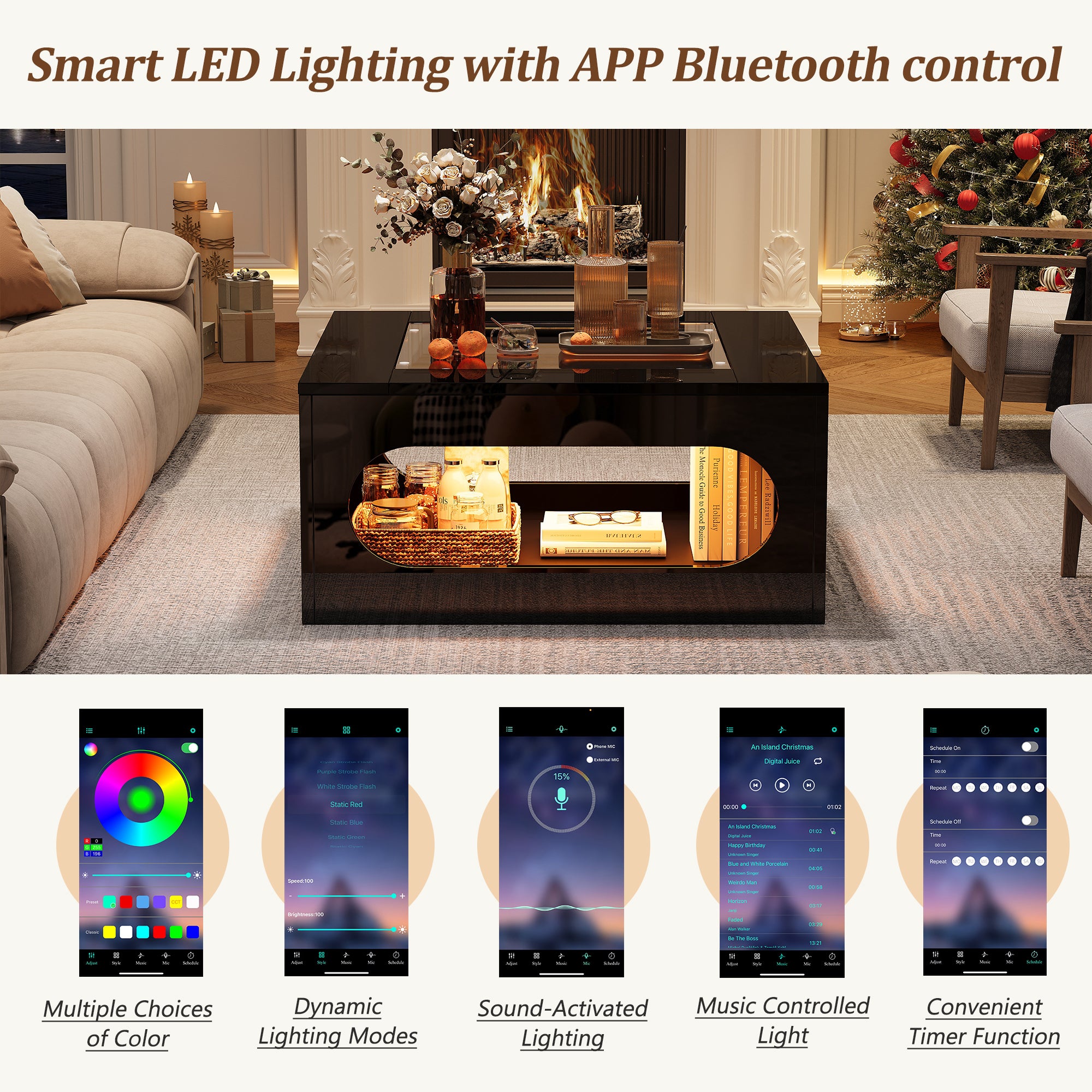 Table Basse LED Carrée 70x70x35 cm Table de Salon Noir avec Hublot de Rangement, Plateau Verre Trempé Brillant, Conception creuse - 6