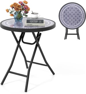 COSTWAY Table de Jardin Bistro Ronde Pliante de 46 cm, Table Basse Extérieur avec Plateau en Verre Trempé, Cadre en Métal Robuste Charge 50 kg (Gris)