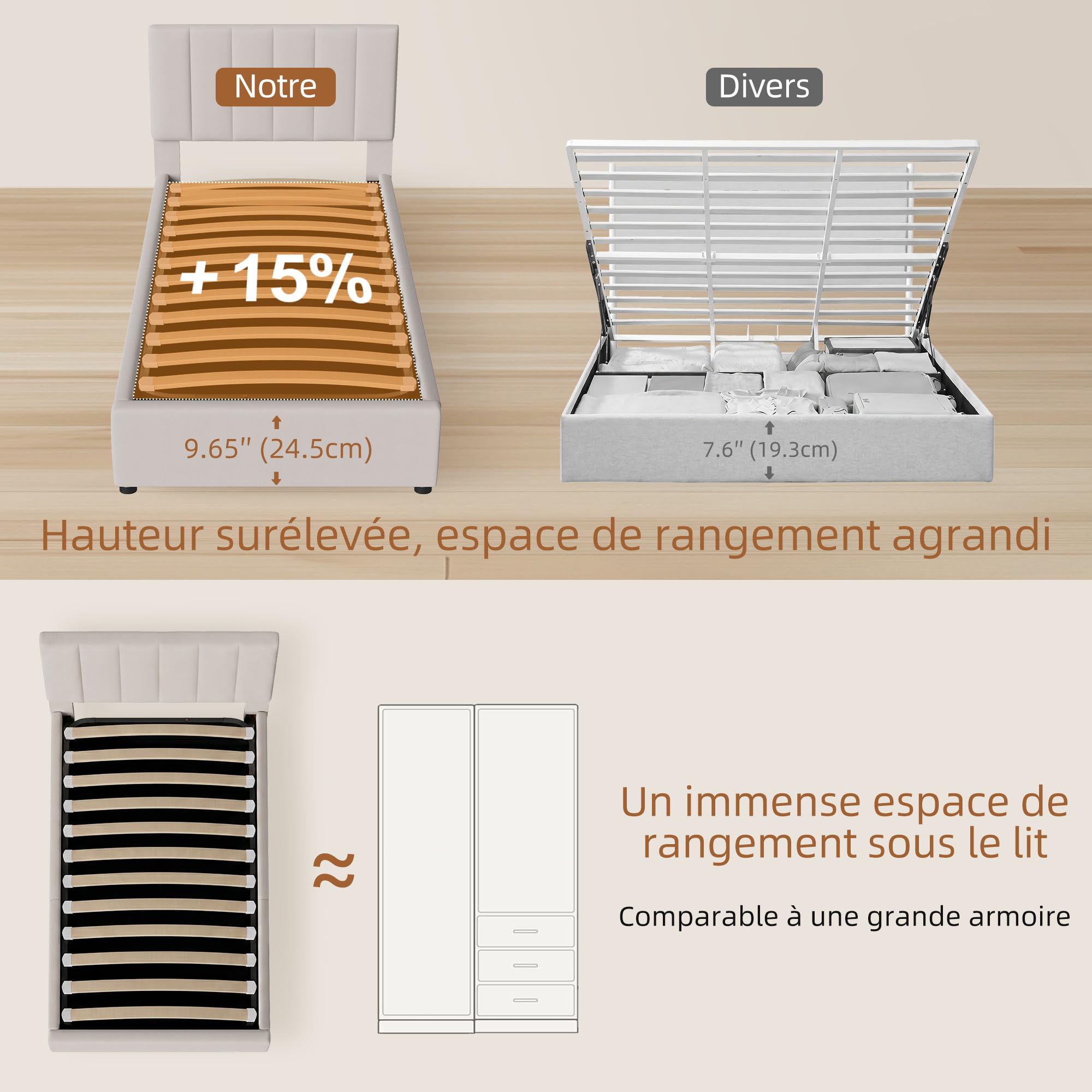 Lit Coffre 90x200 cm, Lit Capitonné Enfant avec Coffre de Rangement Hydraulique et Sommier à Lattes, Tête de Lit Réglable, Sans Matelas, Beige - 4