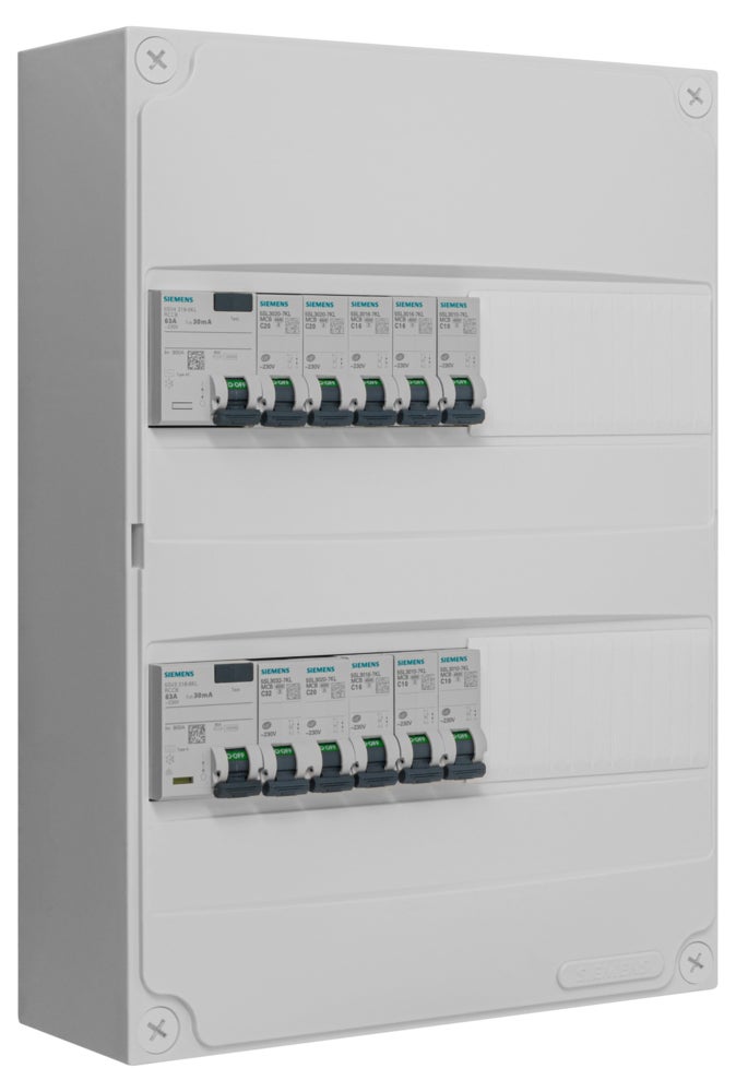 Tableau électrique Siemens 2 rangées, IP30, IK05, 350x250x97 mm, 2 interrupteurs différentiels 30mA 63A, 10 disjoncteurs variés - 2