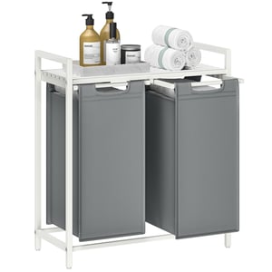 Panier à Linge, Rangement 2 Compartiments, 2 Sacs Amovibles en Tissu Oxford, 2 x 46L, 73 x 33 x 72 cm, Blanc et Gris Clair