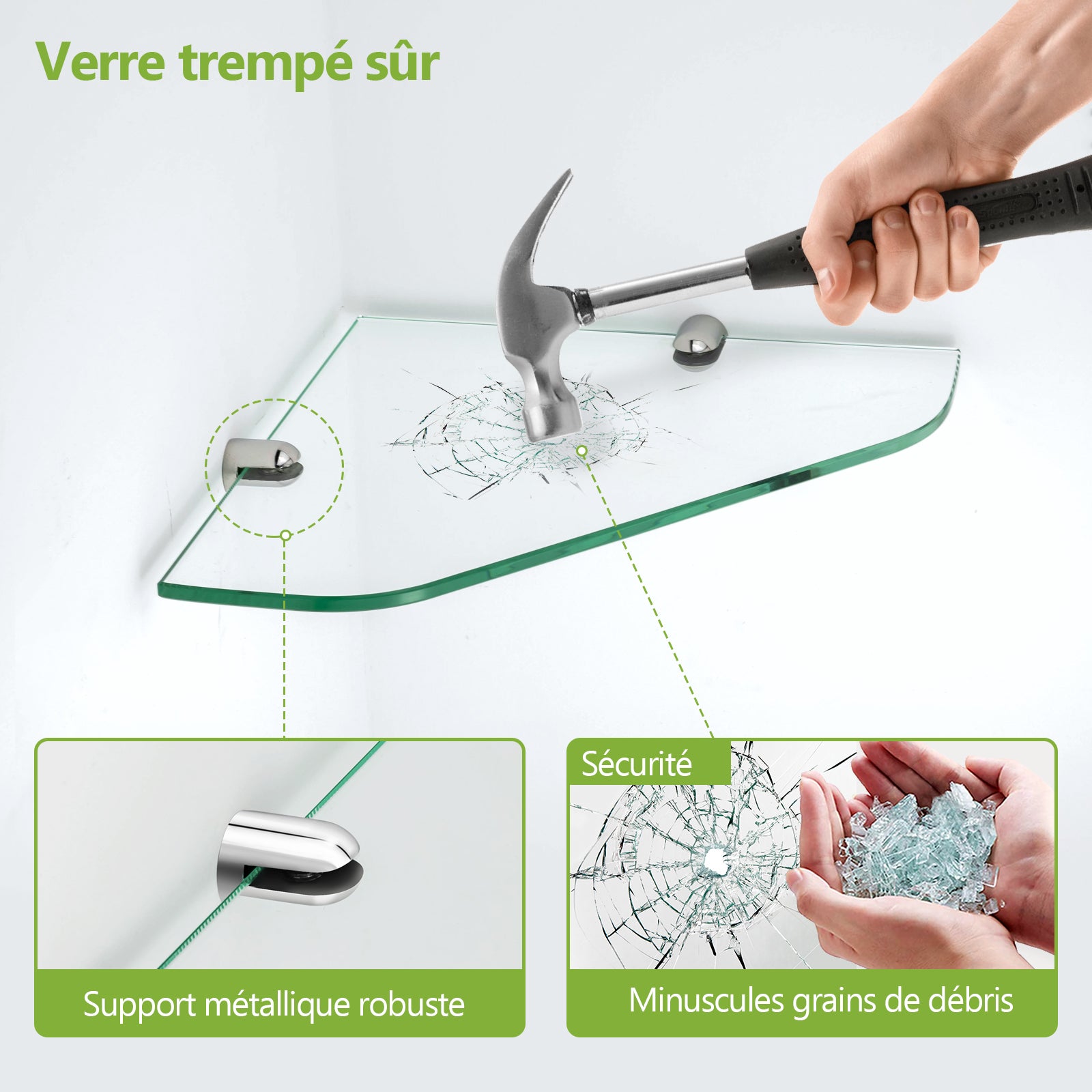 Étagère murale en verre d'angle 23×23 cm, 6 mm d’épaisseur, pour salle de bain – support chromé – 2 pièce S’AFIELINA - 6