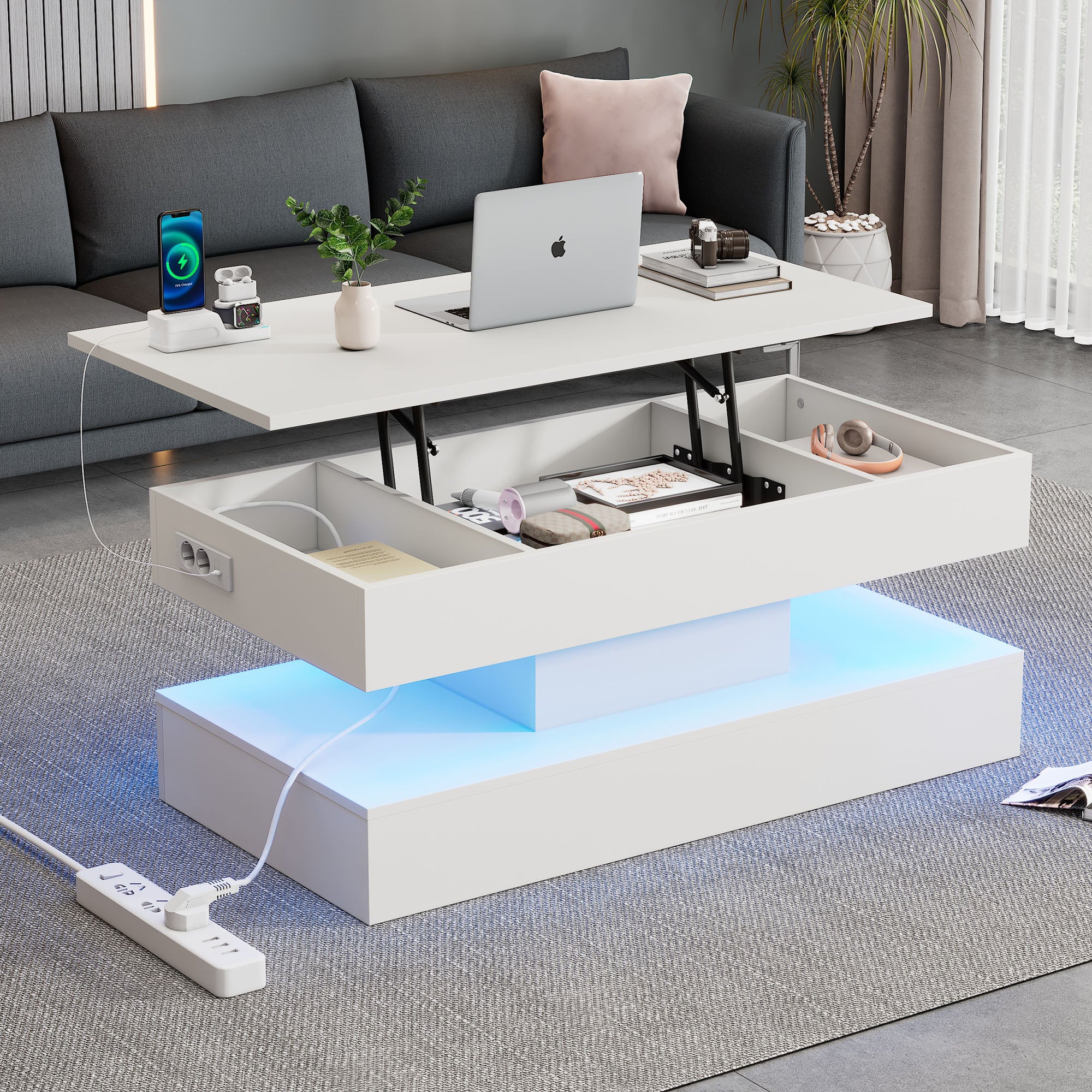 Podnoszony stolik kawowy z portami USB i ładowania - 100 x 50 x 42 cm - diody LED - płyta wiórowa - biały