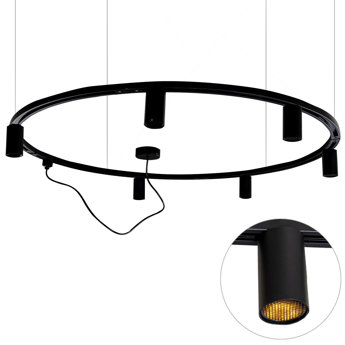 Nowoczesny wiszący system oświetlenia szynowego z 6 czarnymi reflektorami jednofazowymi GU10 50 mm - Iconic Ruby Honey