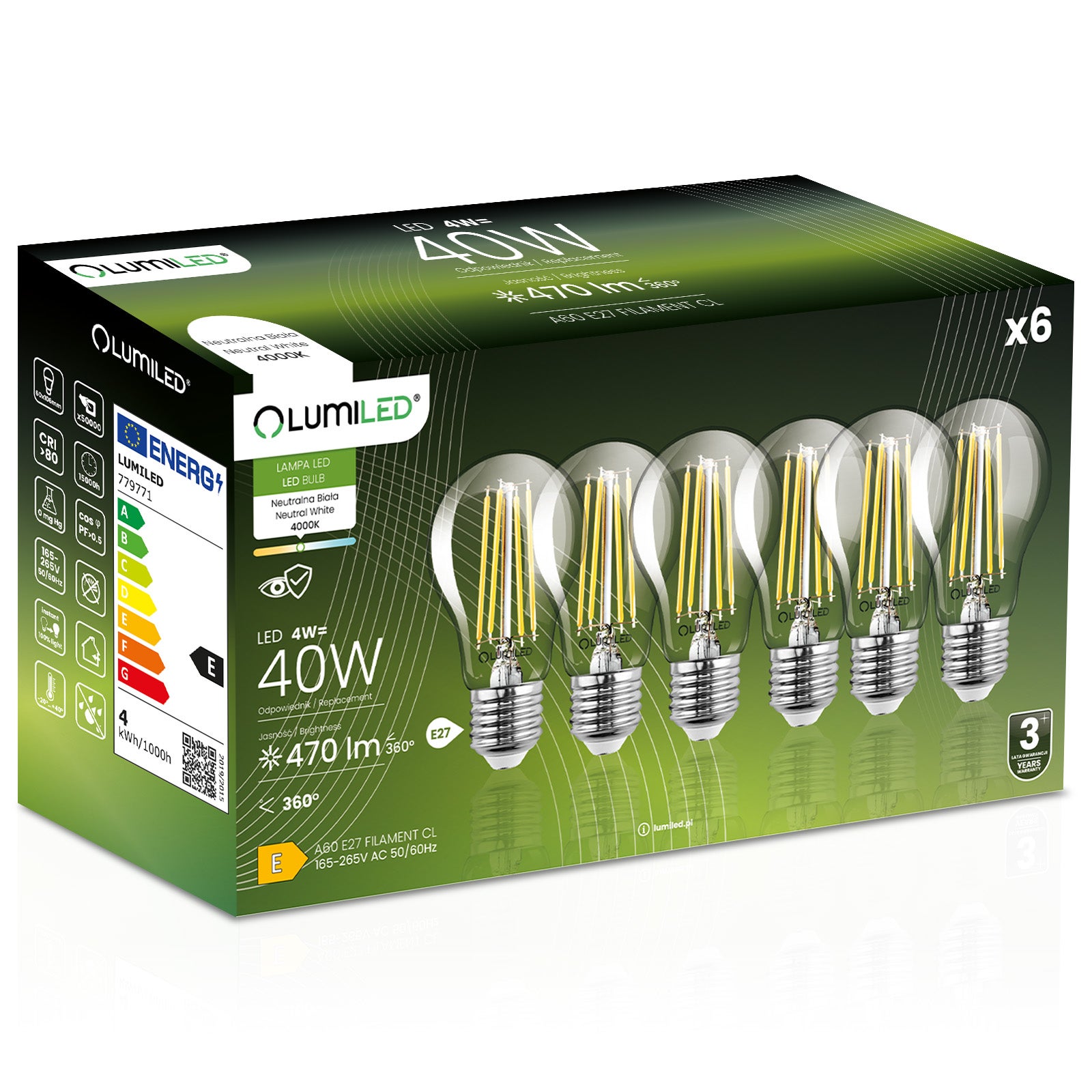 Żarówka LED Lumiled E27 A60 4W 470lm 4000K Neutralna biel 360st Filament 6 szt.