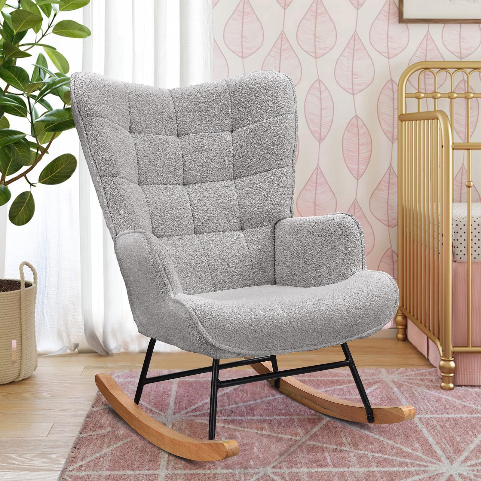 Fauteuil à bascule, d'allaitement, de salon, à bascule, avec structure en métal et base en bois, charge maximale:150 kg, tissu en peluche, Gris clair - 2