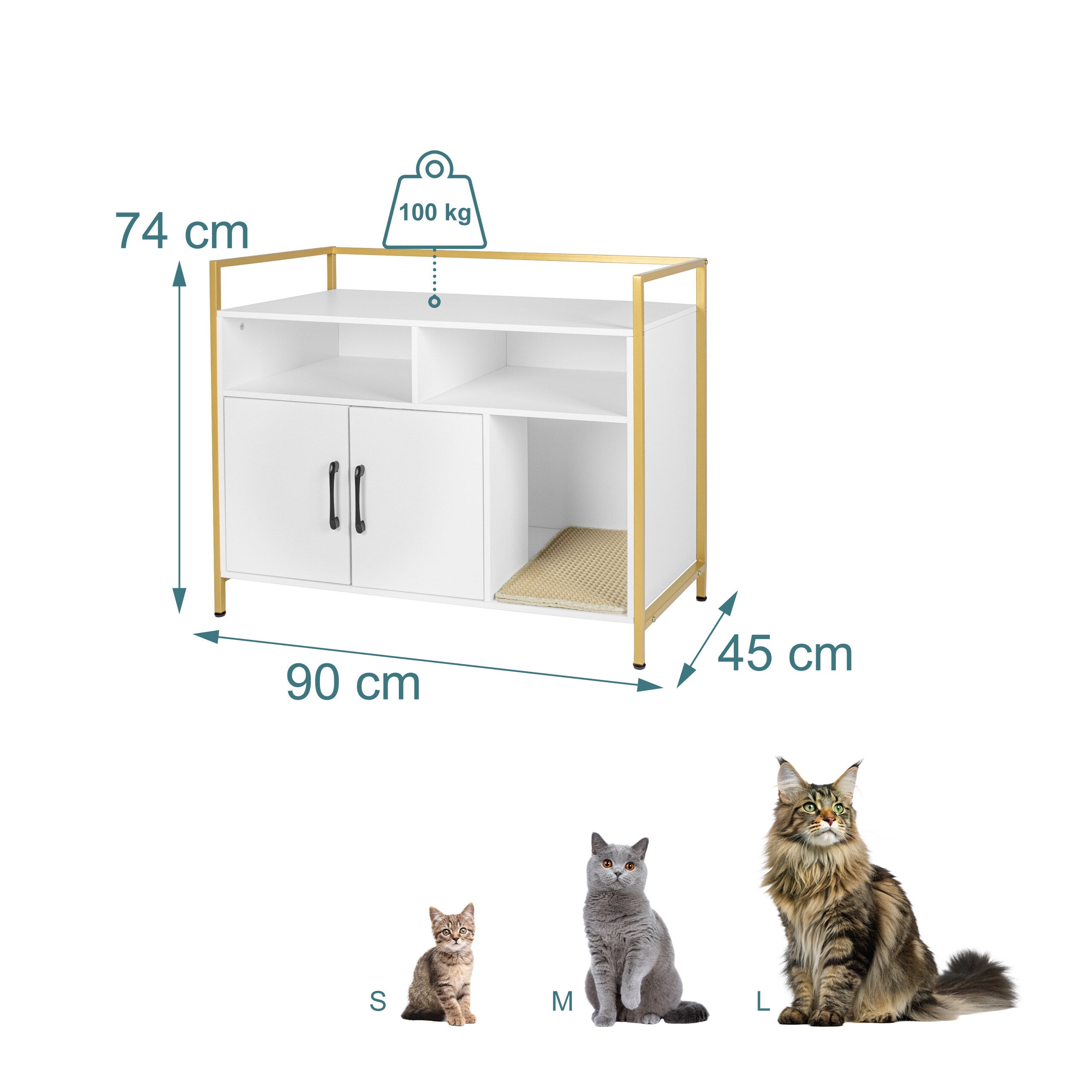 Móvel para caixa de areia para gatos com tapete, entrada, arrumação e 2 portas, 74 x 90 x 45 cm, branco/dourado, Relaxdays - 4