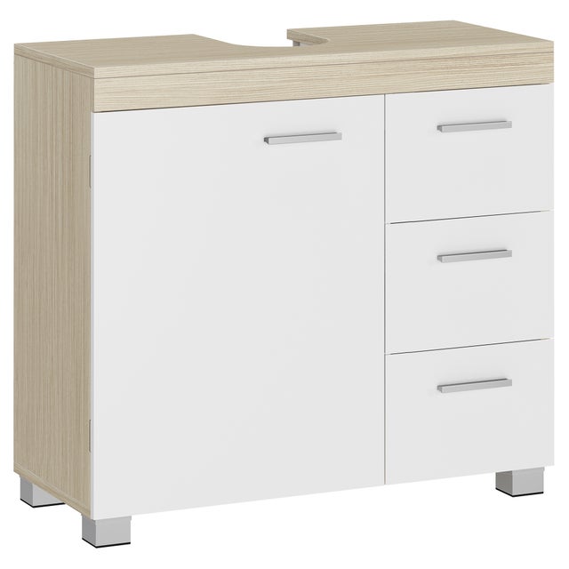 Meuble sous lavabo, 3 Tiroirs Latéraux, 2 Cases derrière la Porte, pour Lavabos sur Colonne, avec Pieds, 30 x 70 x 64 cm, Blanc et Beige Naturel