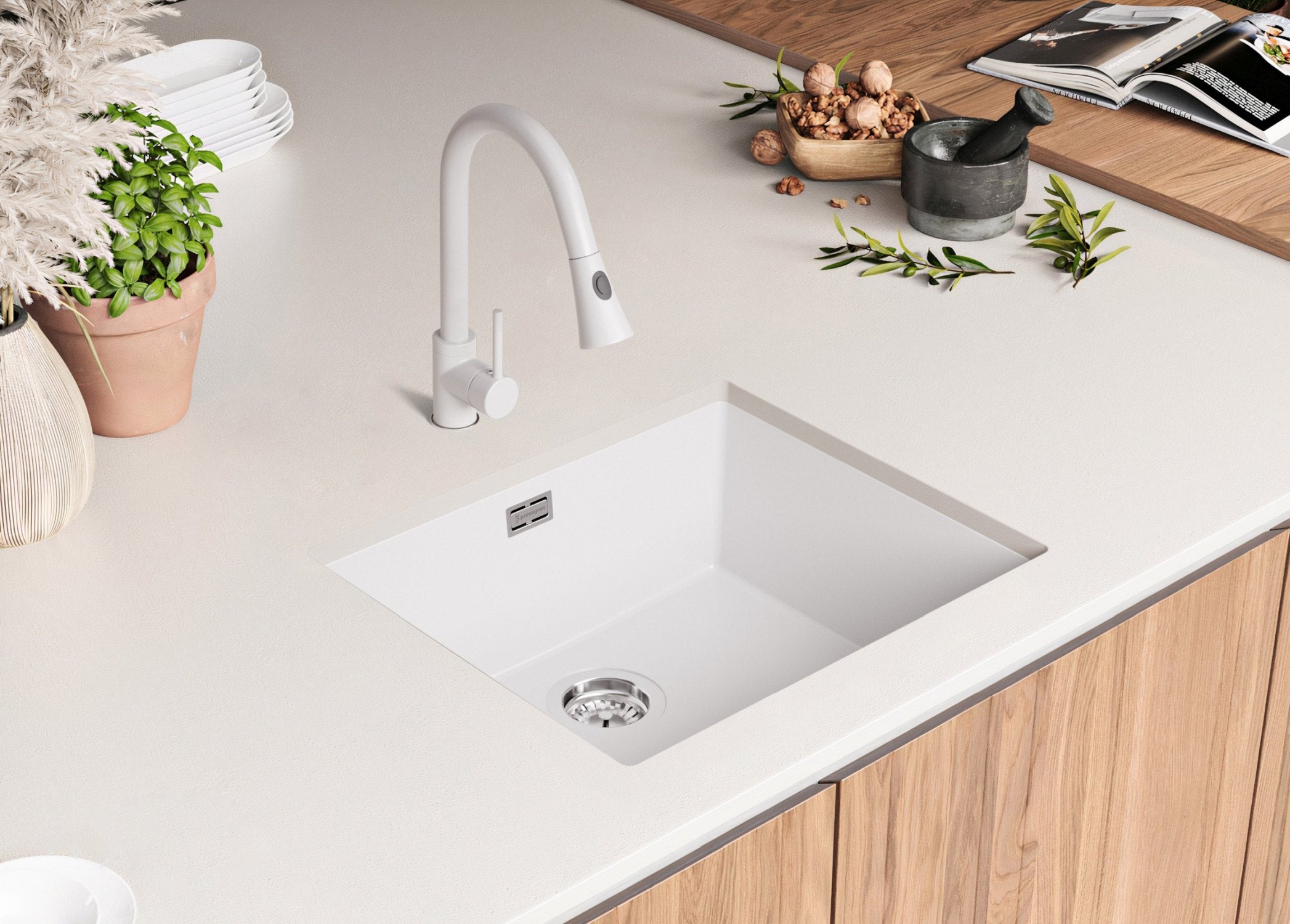 Lava-louça de encastrar Todo Branco 56x47cm, Pia de Cozinha 1 cuba + Kit de drenagem, Pia em Granito em armários de 60cm - Londres PRIMAGRAN - 8