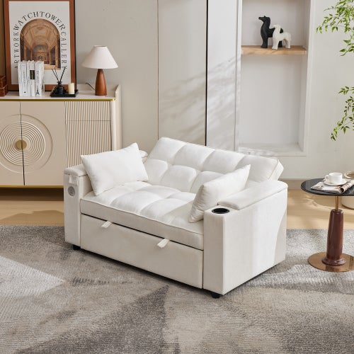 Canapé-lit 3-en-1 140,5x74x82 cm avec dossier réglable, USB, 2 places, tablette cachée, porte-boissons, beige - 5