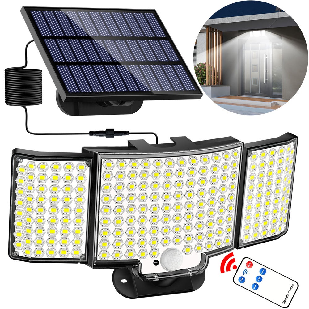 Solarna lampa ogrodowa 212 LED z trzema prędkościami i pilotem, przedłużacz 5 m, 3500 lm, oświetlenie z czujnikiem