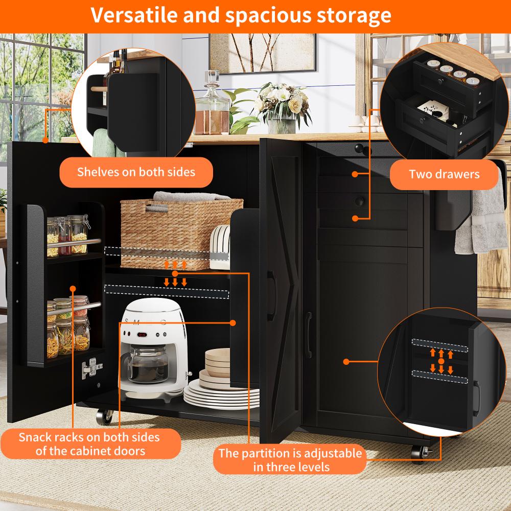 Îlot de cuisine multifonction avec table pliante, rangement spacieux, roulettes et design bois élégant - 120×92×43cm - 3
