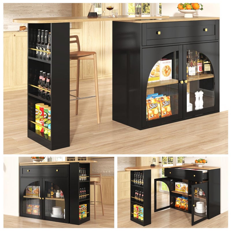 Rozkładany czarny stolik barowy z półkami, wysoką wyspą obrotową 360° oraz szafką z wbudowaną witryną