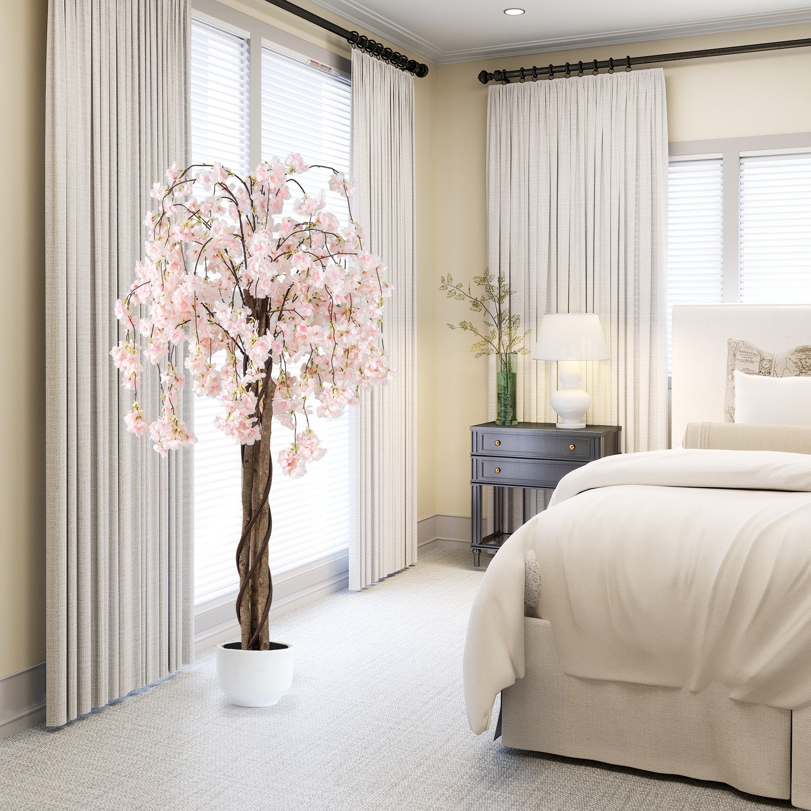 Cerisier Artificiel Réaliste 163 CM, Plante Artificielle en Pot avec Fleurs Roses et Blanches, Arbre Florale Décorative Intérieur Extérieur, Blanc - 3