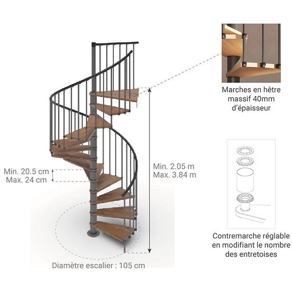 Escalier colimaçon 14 marches - Hauteur à franchir de 2.87m à 3.36m - Diamètre 1.05m - Structure anthracite et marche noyer - PHOLA105/SAMNOY-14 - 2
