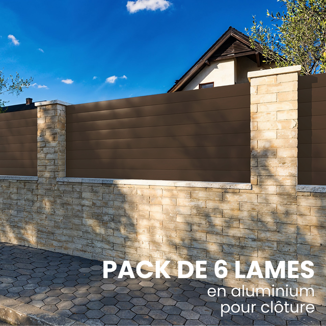 Pack de 6 lames en aluminium pour clôture - 1760 x 22 x 150 mm - Marron