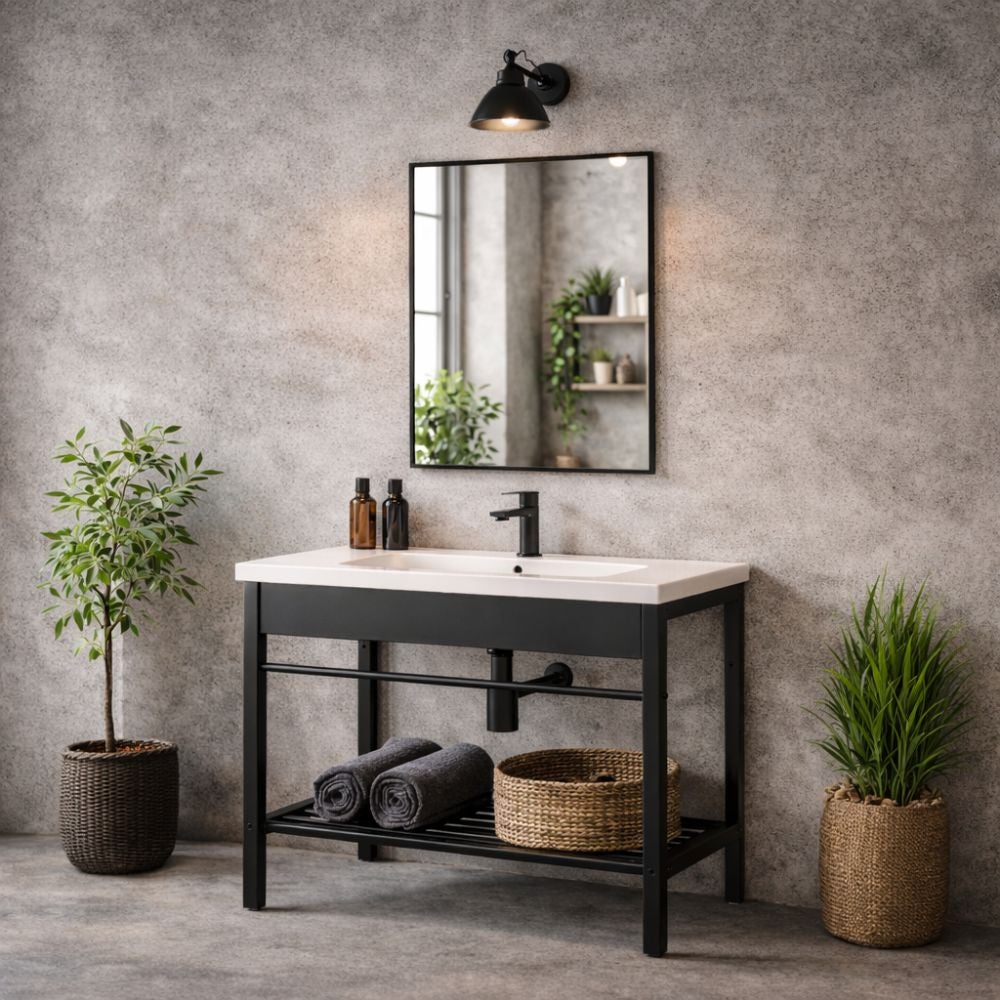 Mueble de baño bajo lavabo de cerámica, espejo y ducha, espacio de almacenaje, acero, 80 cm negro - zik