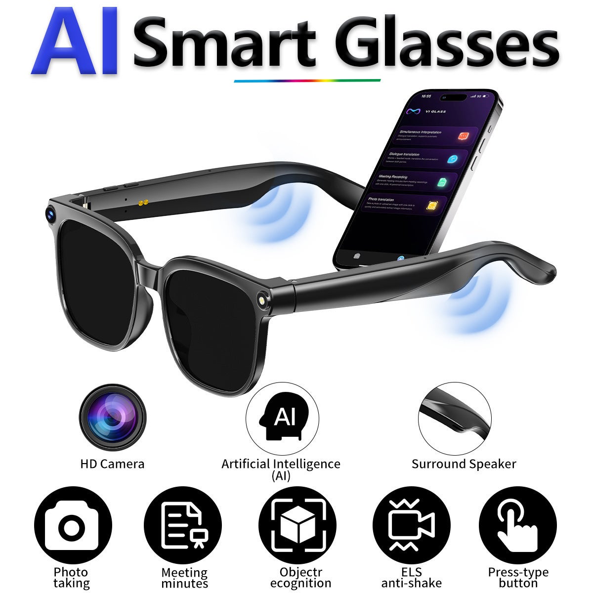Lunettes intelligentes avec caméra 8 MP, enregistrement vidéo, traduction simultanée, appels Bluetooth et assistant IA. - 5