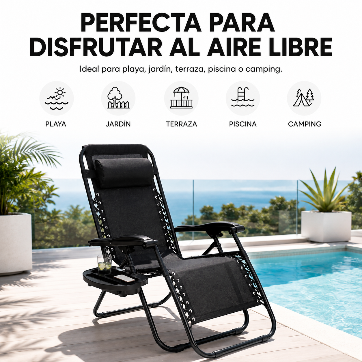 Pack 2 Espreguiçadeiras Dobráveis Praia Pretas com Porta-copos - 7