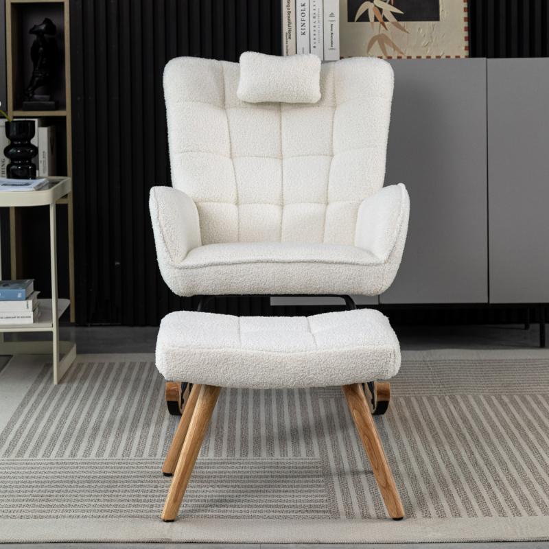 Fauteuil à bascule confortable blanc 93 cm avec repose-pieds, coussin lombaire, structure en bois de caoutchouc, fauteuil de relaxation - 4
