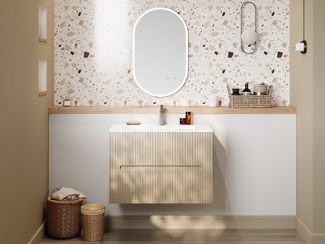 Meuble sous vasque suspendu strié beige - 80 cm - PAVANI