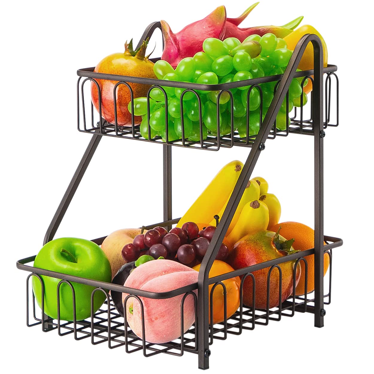 Corbeille à Fruits 2 Étages ANNTIM | Panier Rangement Légumes | Design Avec Poignée Bois | Noir