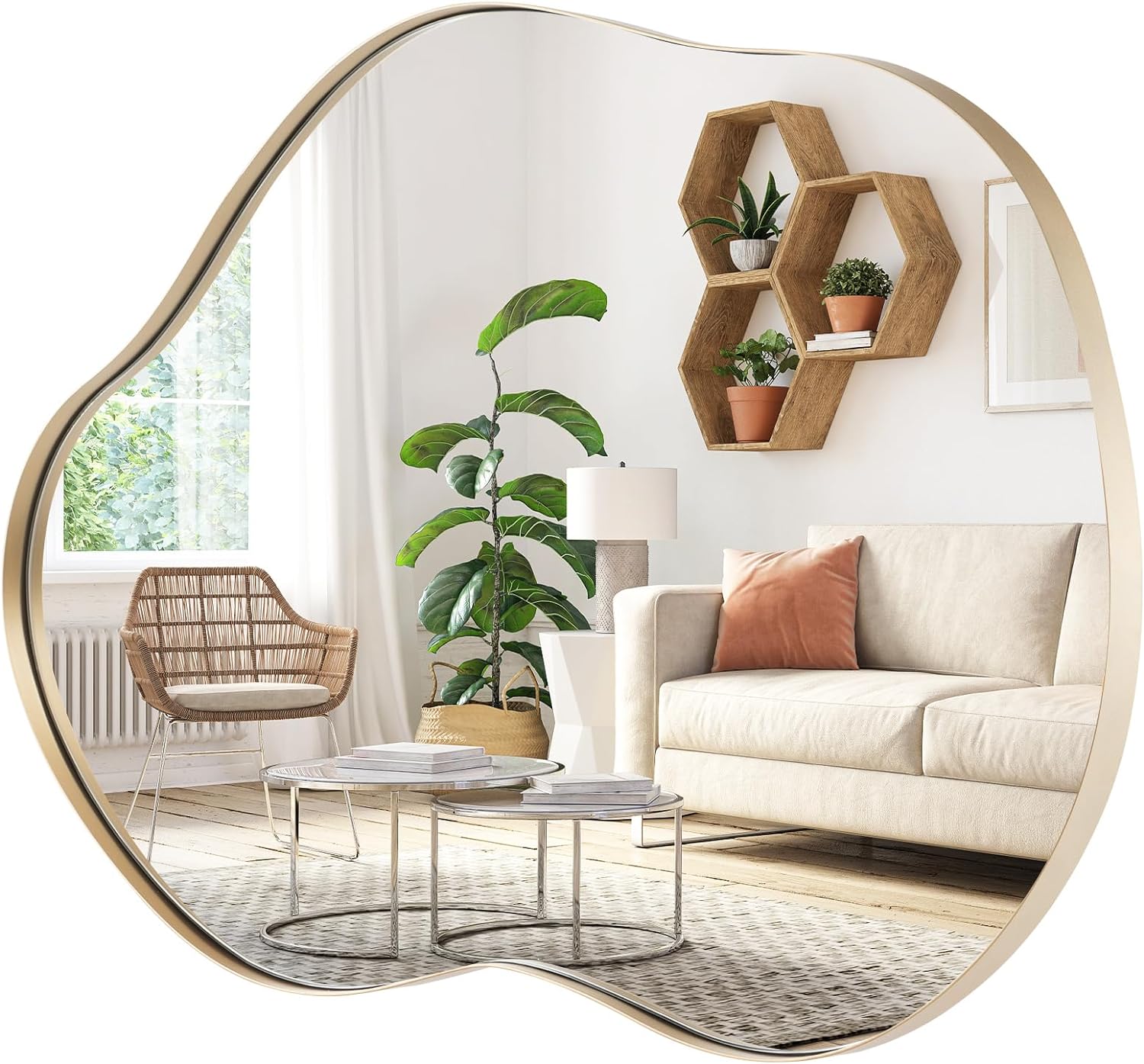 Miroir Mural Décoratif 78 x 56cm, Miroir en Forme Irrégulière avec Réflexion HD Claire, Cadre Métallique, Or - 5