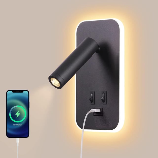 Applique murale LED, liseuse de chevet avec interrupteur, port de chargement USB, éclairage réglable