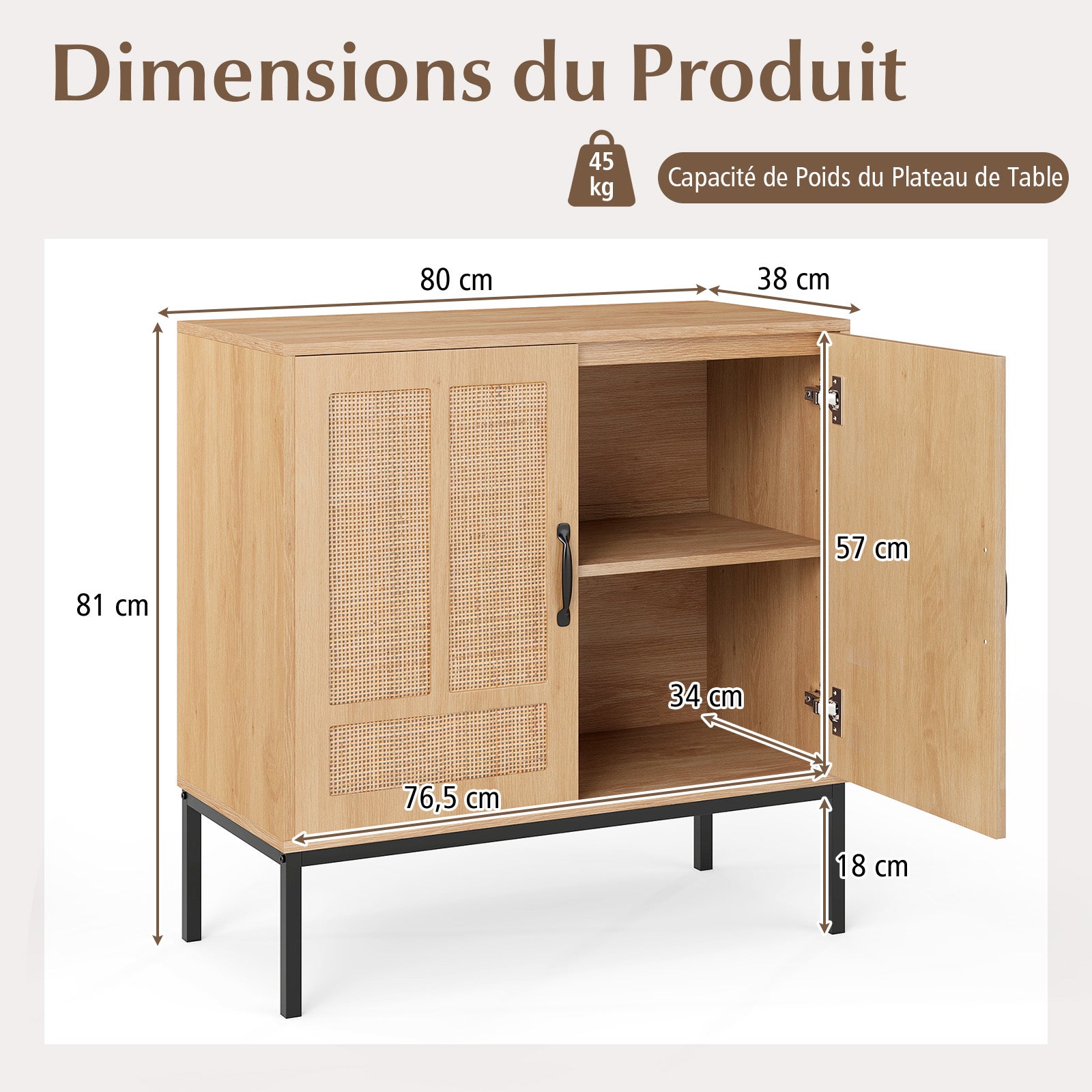 Dwudrzwiowa komoda z regulowaną półką w 3 pozycjach, drzwi z rattanu, mebel pomocniczy w stylu bohemy 80 x 38 x 81 cm do kuchni, salonu, naturalny - 3