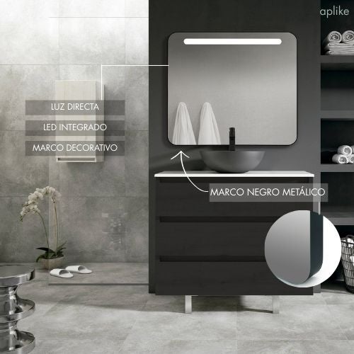 Espejo de Baño con Luz LED Frontal - con Marco de Aluminio Negro - Luz Blanca Neutra (4000K) - 100 x 70cm | Modelo Rio - 2
