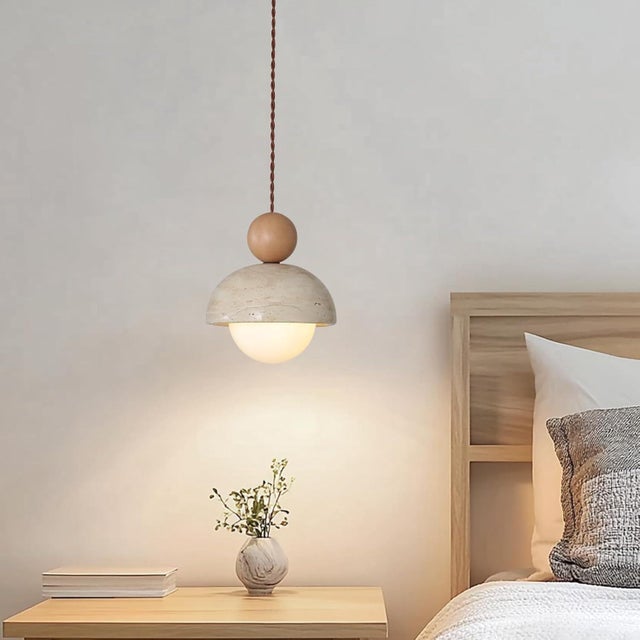 Japoński żyrandol Wabi-Sabi z żółtego trawertynu z naturalnym kamiennym kloszem, drewniana lampa wisząca, mini lampa wisząca G9 w stylu nordyckim do k