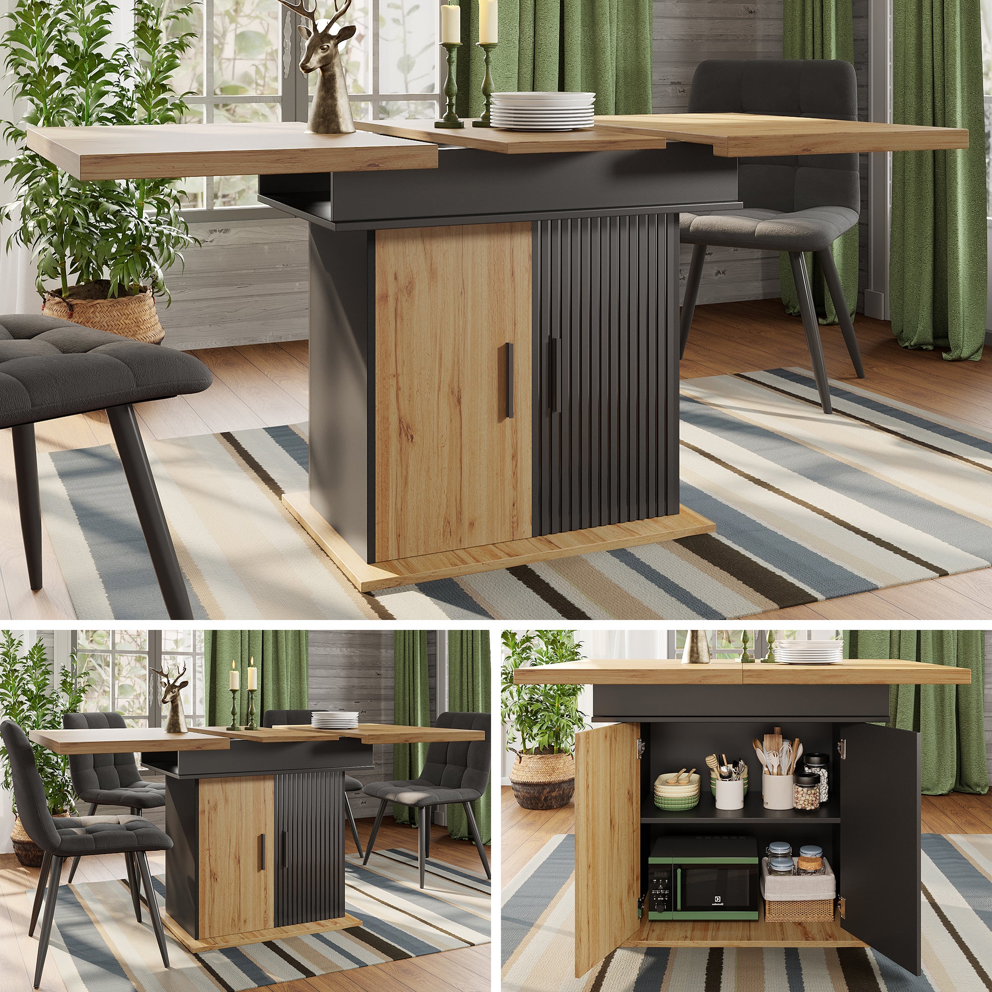 Rozkładany stół jadalny dla 4-6 osób z 2 drzwiami - 110/140 x 80 x 75 cm - MDF - Dwukolorowy - Czarny + naturalny