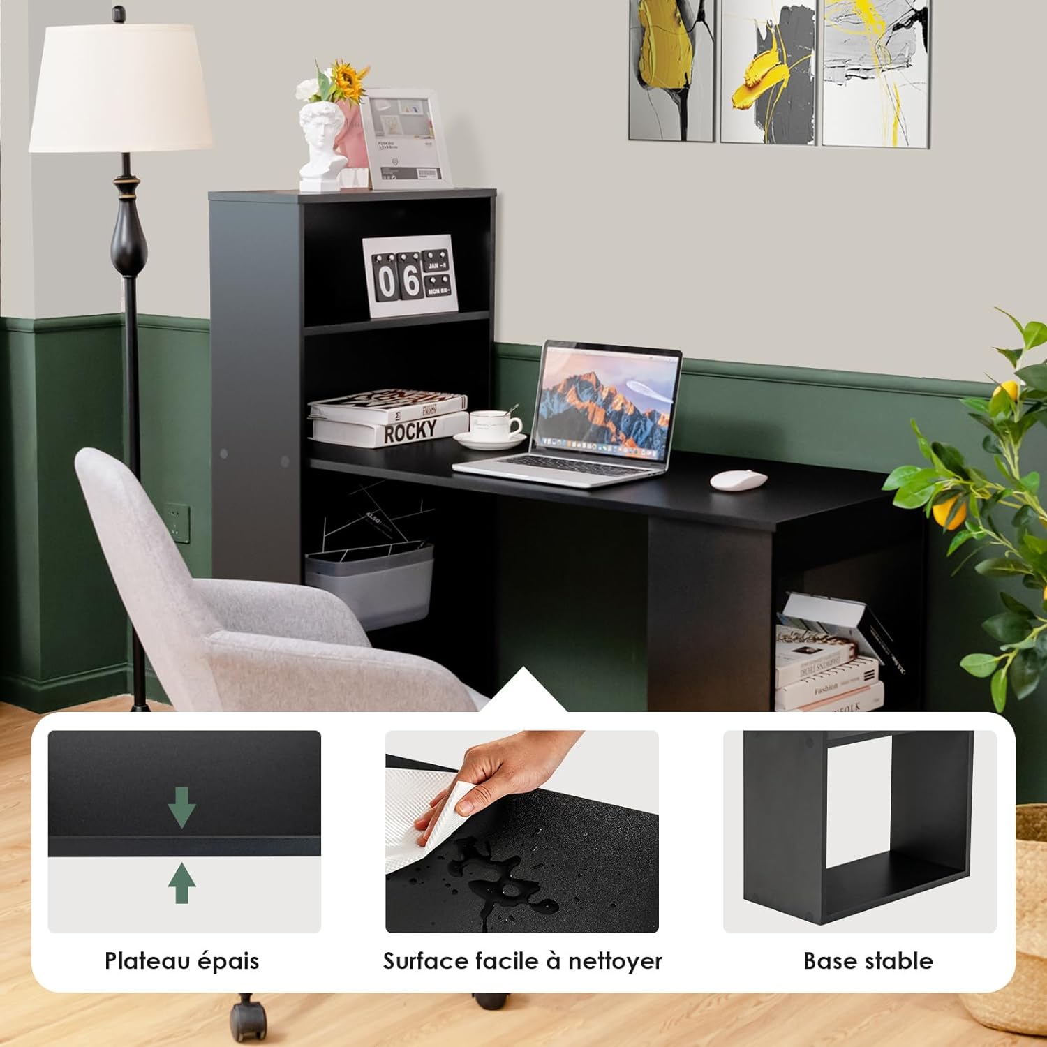 Bureau d'Ordinateur Réversible avec Bibliothèque, Assemblage Facile, pour Maison, Bureaux (Noir) - 5