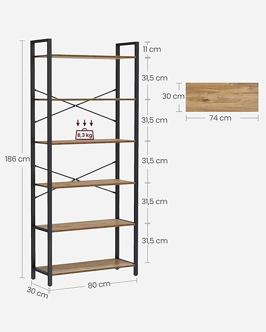 Étagère 6 Niveaux, Bibliothèque, Meuble de Rangement, 30 x 80 x 186 cm, Style Industriel, Noisette Foncé et Noir - 5