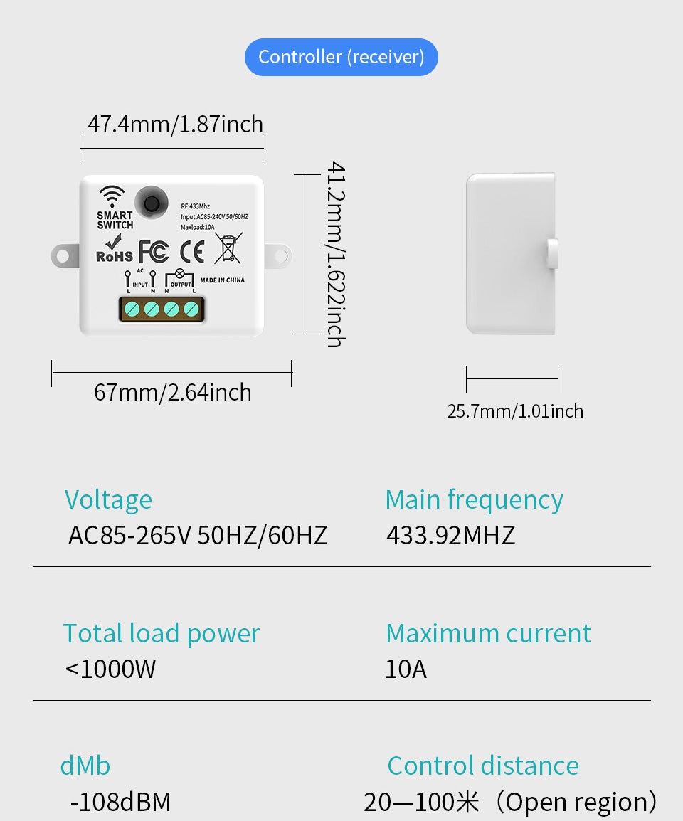 Interrupteur d'éclairage à télécommande 433,92 MHz, interrupteur de télécommande sans fil AC85-265 V, un interrupteur + un contrôleur - 2