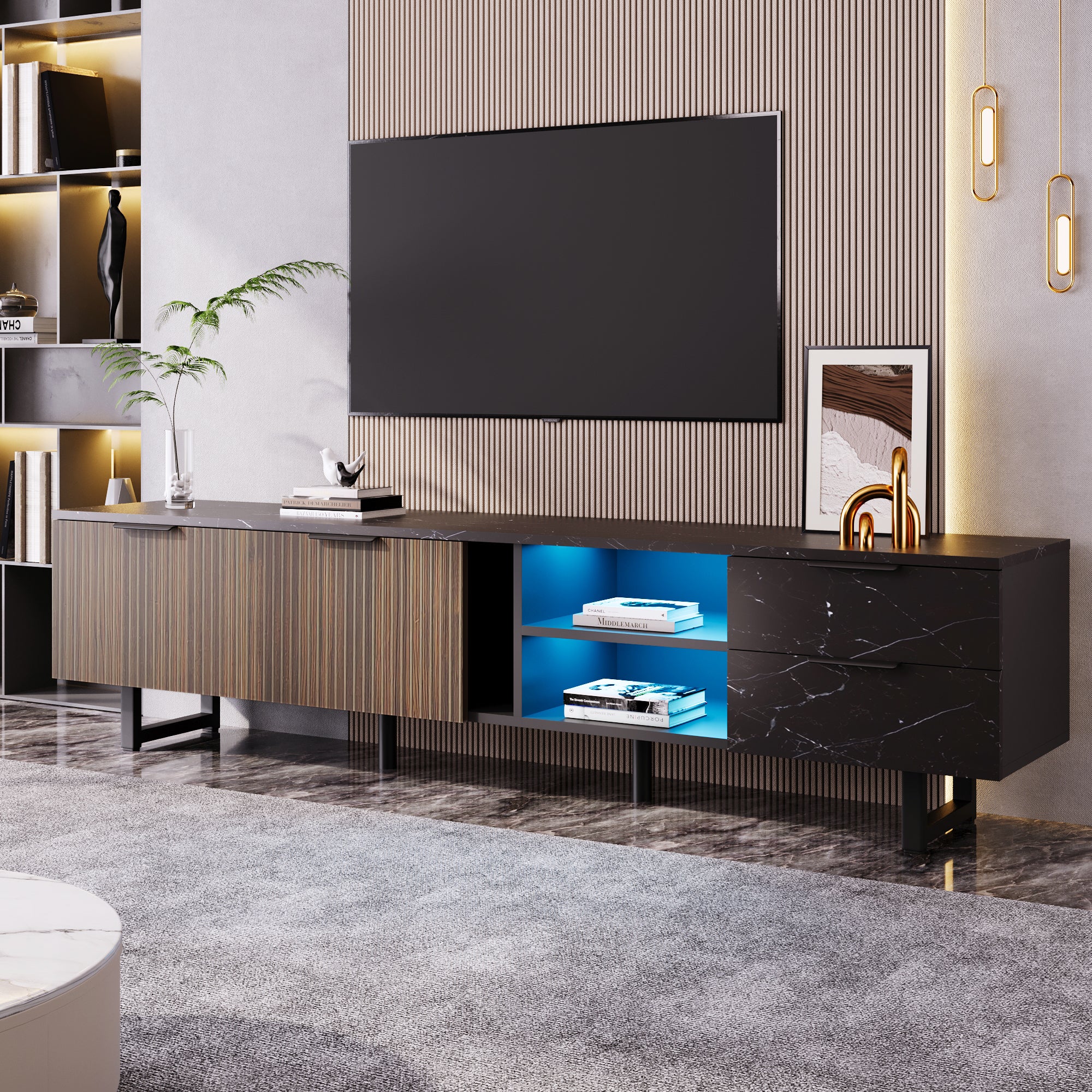 Mobile TV con 2 ante, 2 cassetti e 2 nicchie - 200 x 38 x 50 cm - LED - Legno MDF - Nero + legno - 8