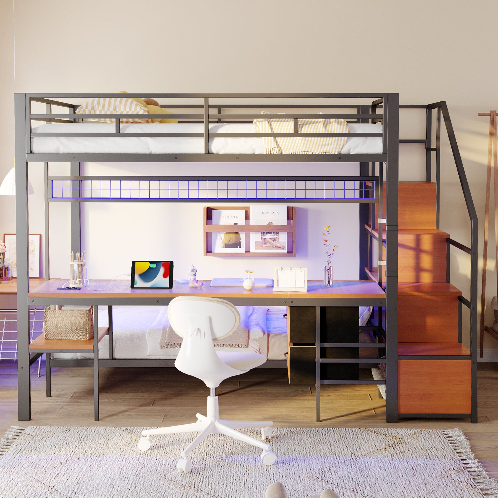 Łóżko piętrowe metalowe 90x200cm + 140x200cm - z biurkiem - oświetlenie LED - z gniazdkiem elektrycznym - z 2 szufladami - czarne