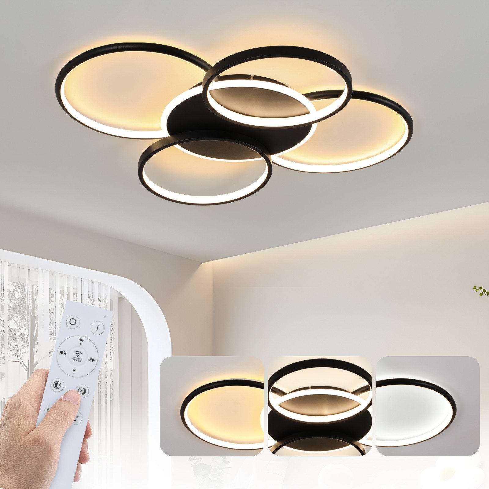 ZMH Plafonnier LED Dimmable 5 Anneaux 70W pour Salon, Bureau et Salle à ...
