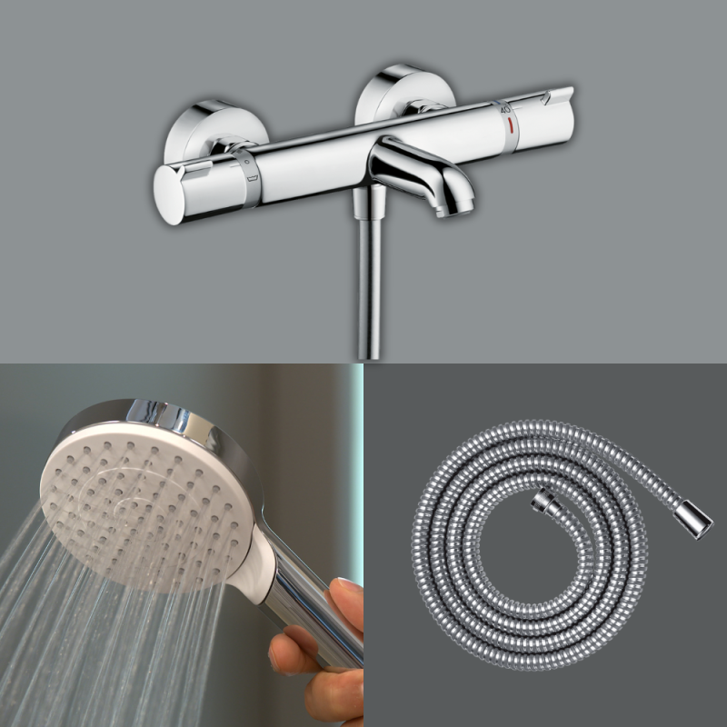 Pack mitigeur bain thermostatique HANSGROHE Ecostat Comfort + Flexible Metaflex 1,6m + Pommeau Vernis Blend EcoSmart chromé - 2