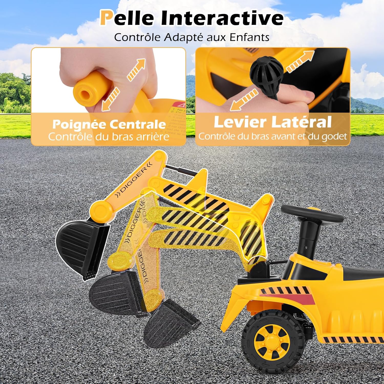 Tractopelle à Pédales Enfant 3-6 Ans - Pelleteuse Articulée Jaune - HOMCOM