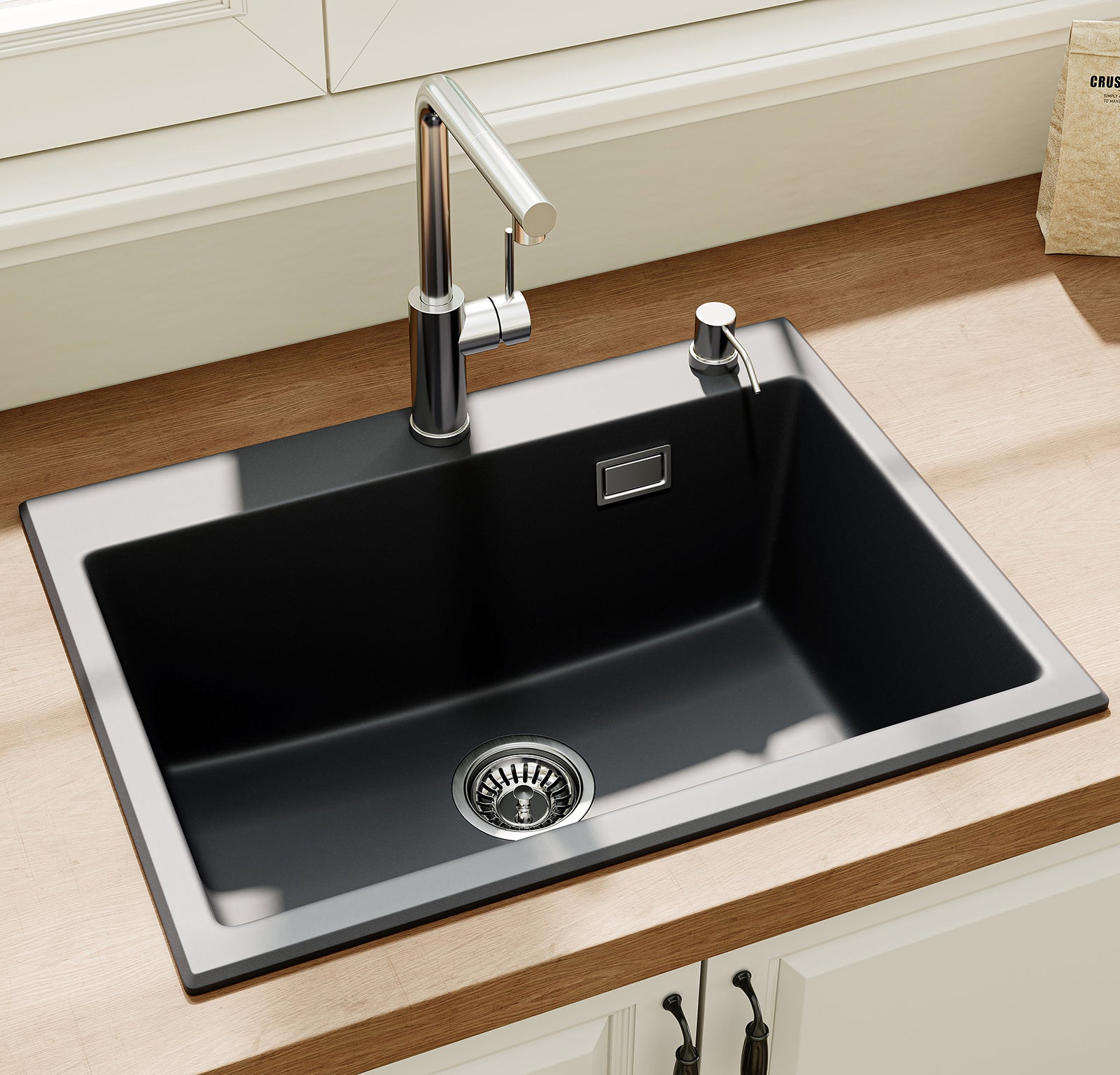 Fregadero de cocina de granito 60 x 45 cm, empotrable grande, 1 lavabo, color negro, incluye sifón, con orificio para grifo horow