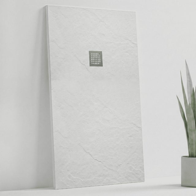 SOULHOME Plato de Ducha de Resina-Fibra Irrompible y Ultraligero - Textura Pizarra - BLANCO - 180x80- Extraplano - Incluye Válvula desagüe y Rejilla